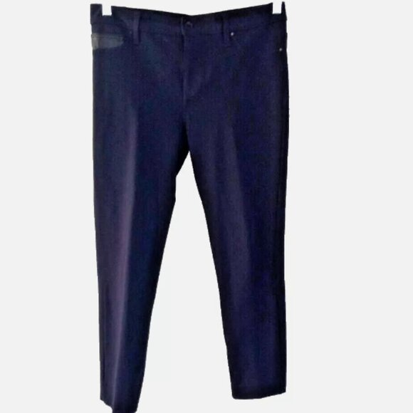 Calvin Klein Knit Jeans Women’s Pants Sz 10 Navy Stretch Leather Trim Tapered - Picture 13 of 14